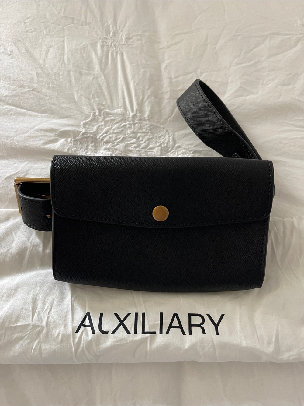 Auxiliary Black Crossbody Belt Bag with Gold Hardware
